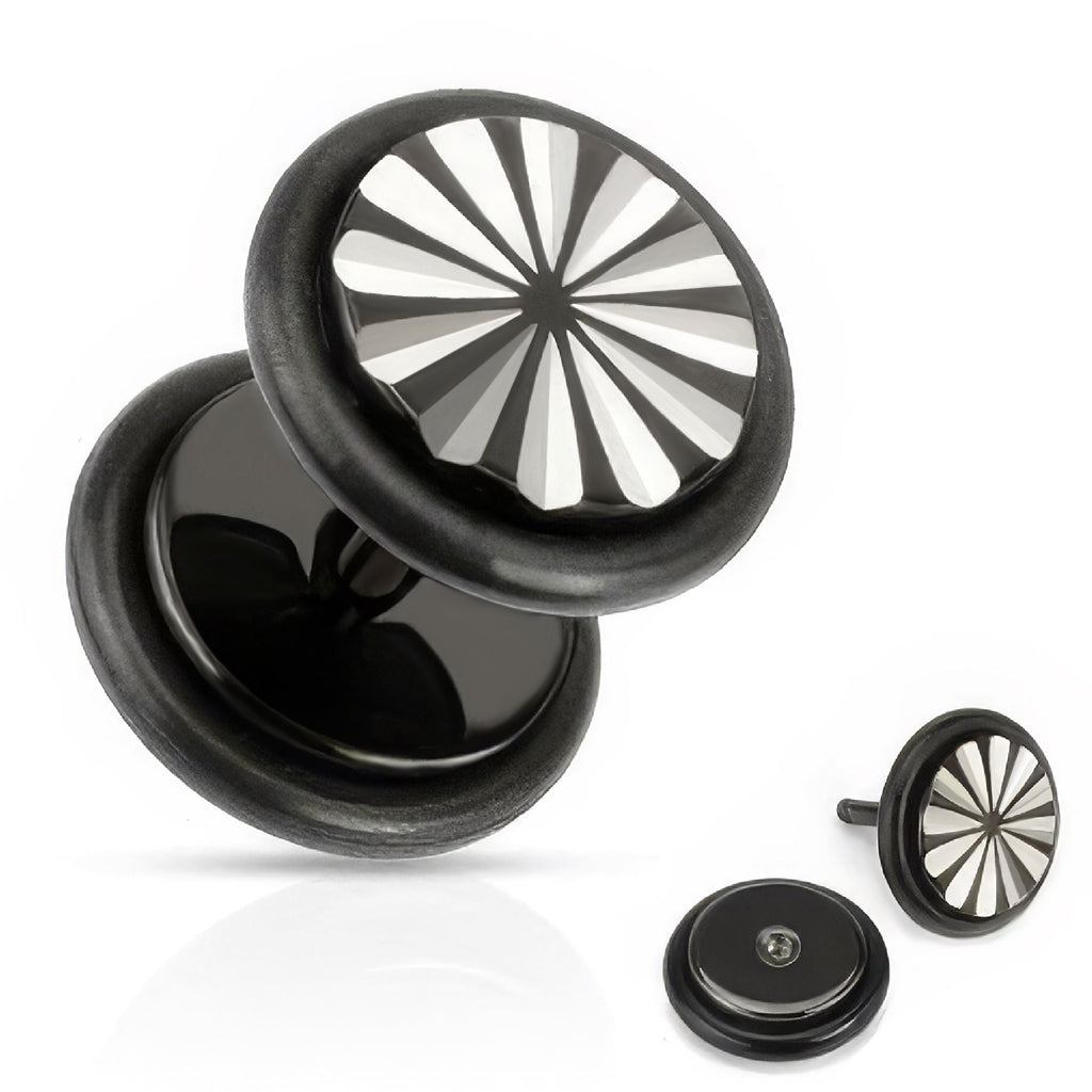 A Pair Of Flower Grooved Cut Fake Plug with O-Rings Surgical Steel Black
